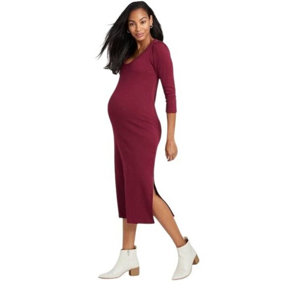 The Nines By Hatch Dusty Pink Ribbed Stretch Midi Length Maternity Dress Size L - Picture 2 of 13